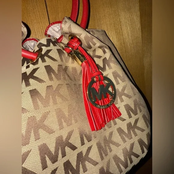 Michael Kors MK Logo Canvas Tote Bag Brown Red Leather Handles Tassel Purse - Picture 16 of 17